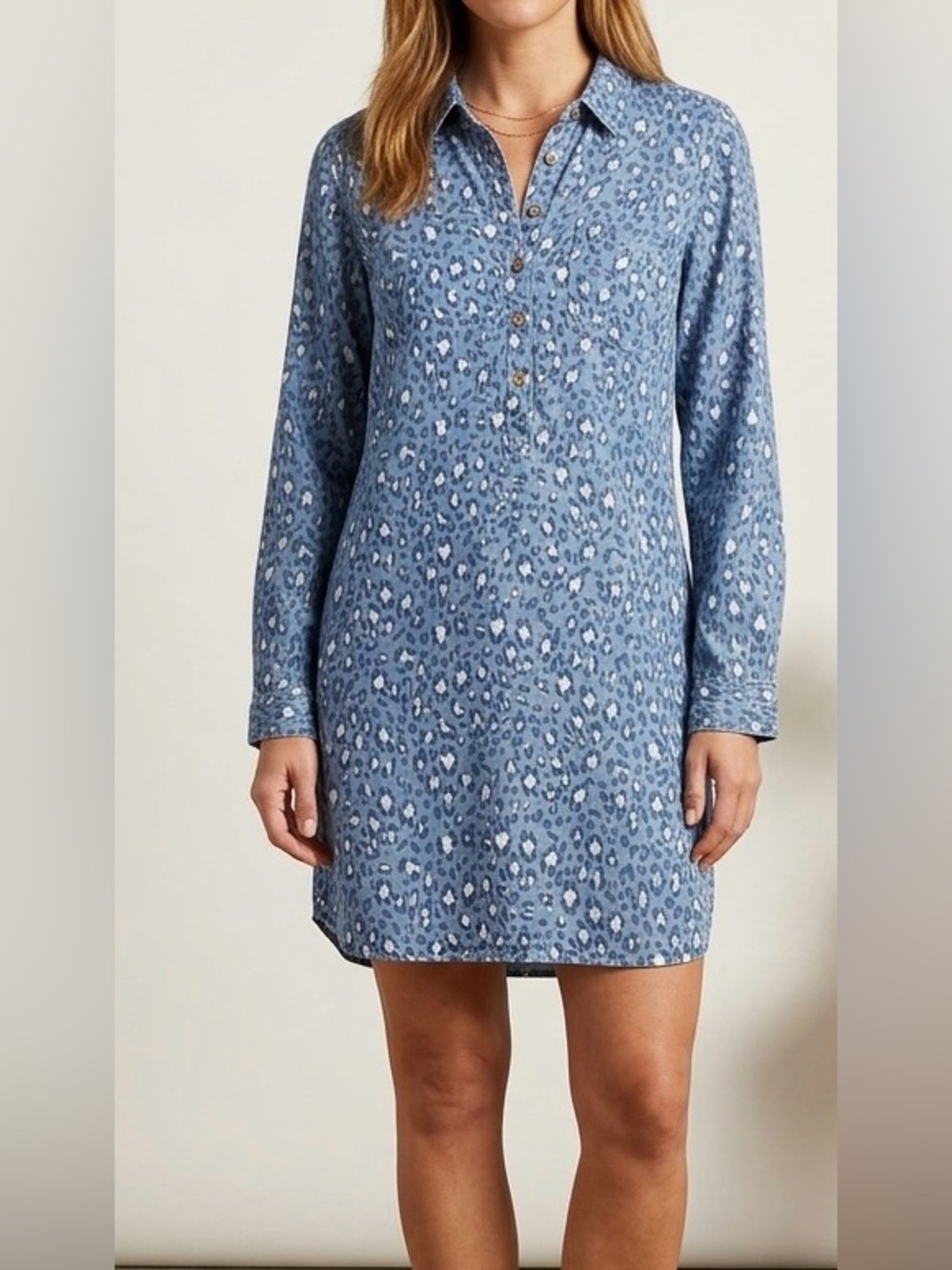 Anthropologie Kachel Blue Leopard Print Shirt Dress Tunic Long Sleeve Pockets 6